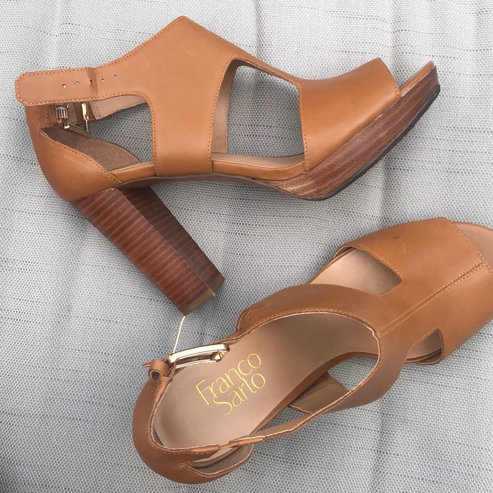 Franco Sarto platform-cutout heels, side buckles.